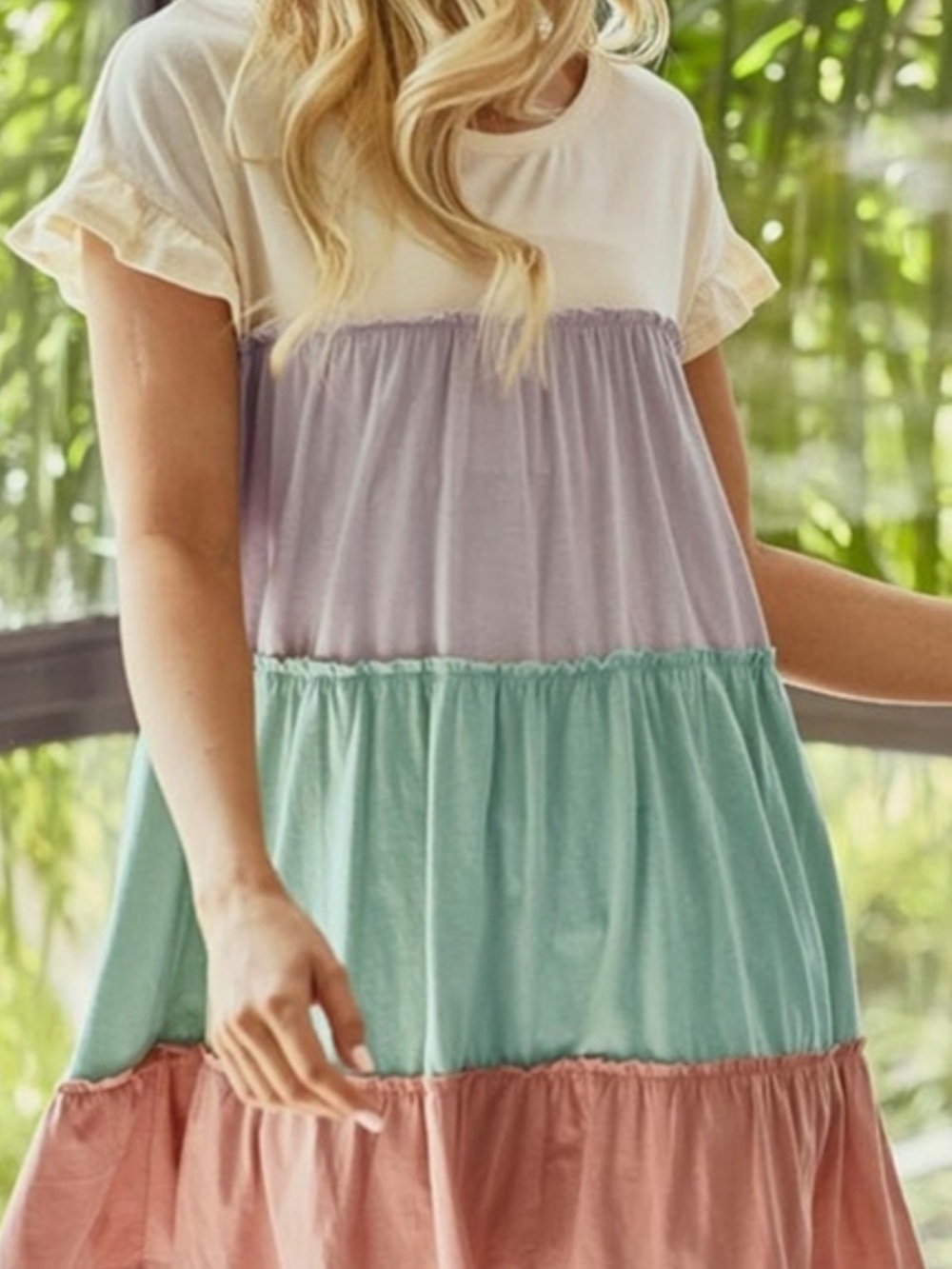 BiBi Tiered Cotton Jersey Dress in Lavender, Mint & Dusty Rose